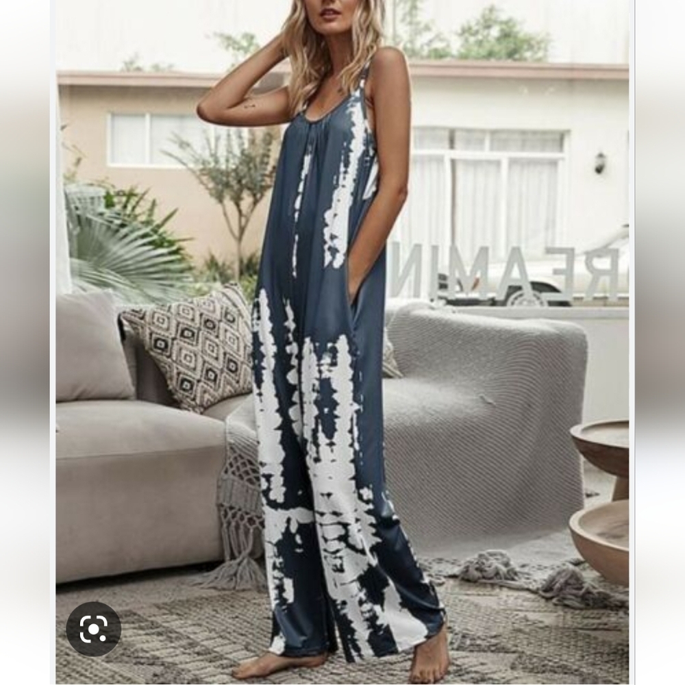 Romantic Hut Womens Sleeveless Jumpsuit L Gray White 575A